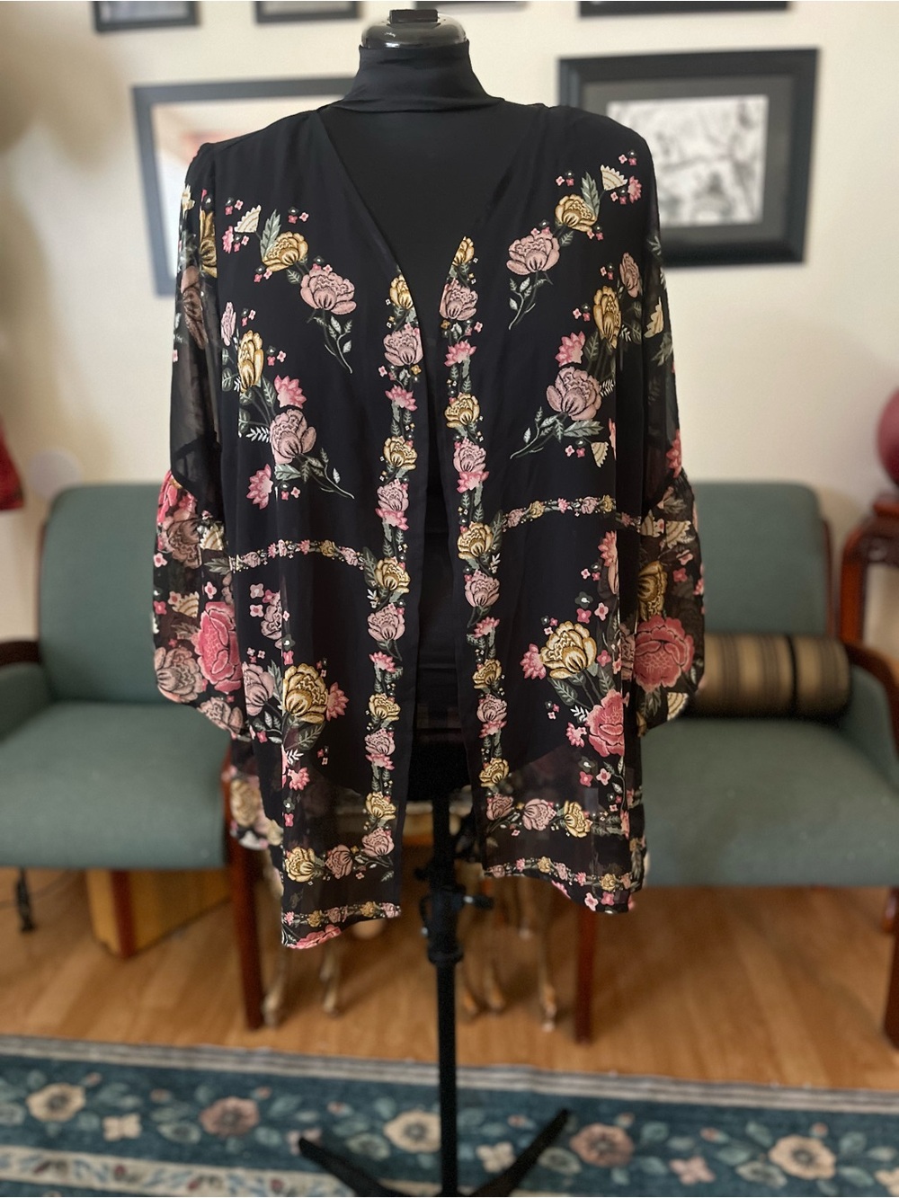 Style & Co. Black Floral Sheer Open-Front Kimono